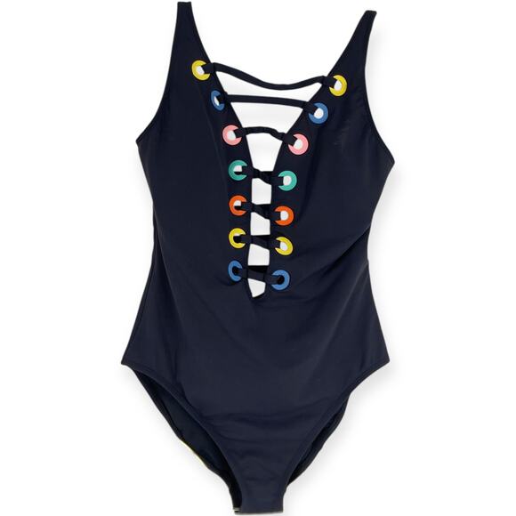 Bleu Rod Beattie Mio Black Rainbow Lattice Criss Cross Plunge Cut Out Swimsuit 6 - Picture 10 of 10